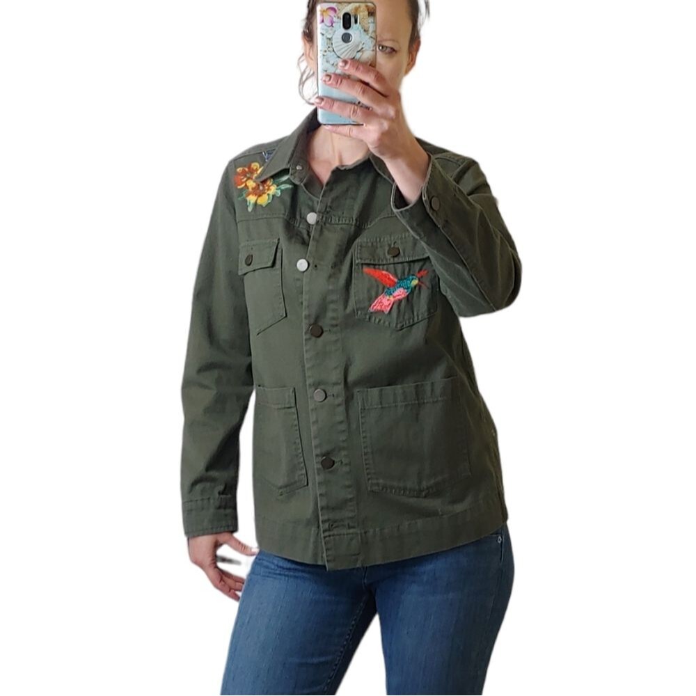 Who What Wear Floral Hummingbird Embroidery Utility Jacket Green Size Medium